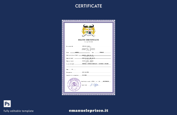 modello PSD del certificato di morte del documento di stato civile del Benin in 